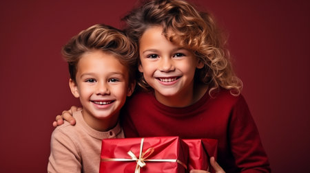 Portrait of a smiling little boy and girl with gift boxes on red backgroundの素材