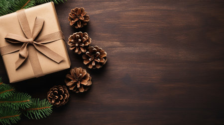 Christmas gift box and fir tree branches on wooden background. Top view with copy spaceの素材