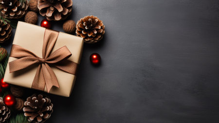 Christmas gift box and decoration on black background. Top view with copy spaceの素材