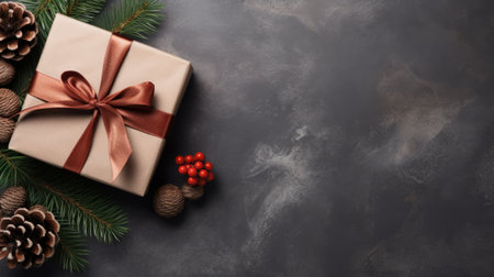 Christmas background with fir tree branches, pine cones and gift box. Top view with copy spaceの素材