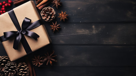 Christmas gift box with black ribbon, cinnamon, star anise and pine cones on dark wooden backgroundの素材