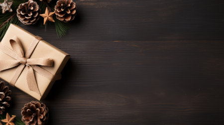 Christmas background. Festive decoration on wooden background. Top view with copy space.の素材