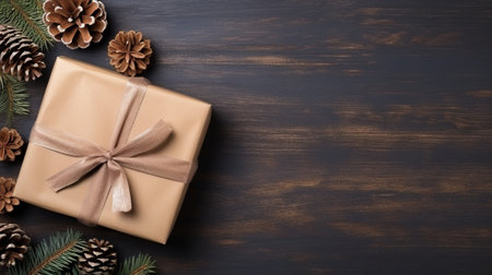 Christmas gift box on wooden background. Top view with copy space.の素材