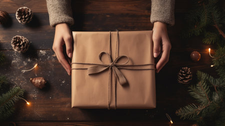 Female hands holding christmas gift box on wooden background. Top viewの素材
