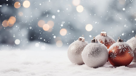 Christmas decoration on snow with bokeh background. Copy space.の素材
