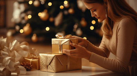 Beautiful young woman opening Christmas gift box at home, closeupの素材