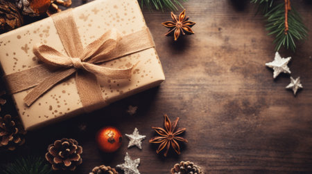 Christmas gift box and decoration on wooden table. Top view with copy spaceの素材