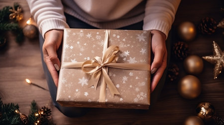 Cropped shot of female hands holding christmas gift box on wooden backgroundの素材