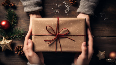 Female hands holding christmas gift box on wooden background, top viewの素材