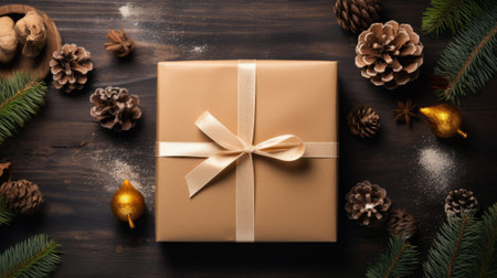 Christmas gift box with golden ribbon and christmas decoration on wooden backgroundの素材