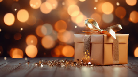 Gift box with golden ribbon on bokeh lights background.の素材