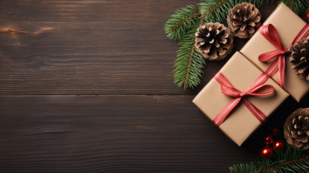 Christmas gift boxes and fir tree branches on wooden background. Top view with copy spaceの素材