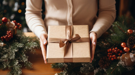 Cropped view of woman holding christmas gift box on wooden tableの素材