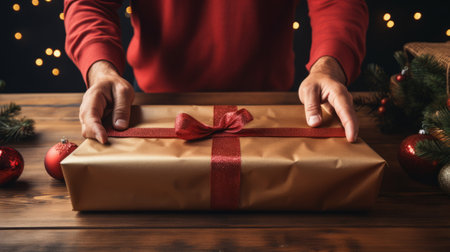 Man's hands wrapping christmas gift box on wooden table, closeupの素材