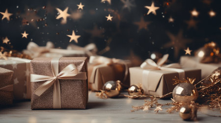 Gift boxes and christmas decorations on wooden background. Merry Christmas and Happy Holidays!の素材