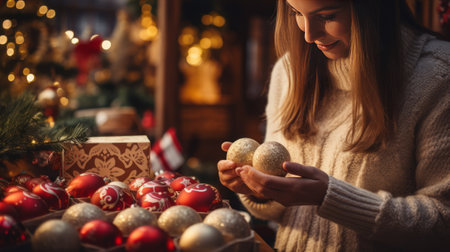 Young beautiful woman decorating christmas tree with baubles.の素材
