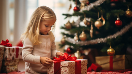 Little girl with christmas gifts on the background of the Christmas treeの素材