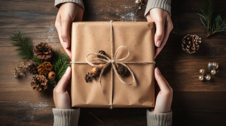 Female hands holding christmas gift box on wooden background, top viewの素材