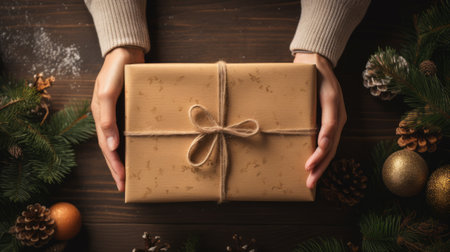 Female hands holding christmas gift box on wooden background, top viewの素材
