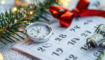 and a watch on the background of the Christmas tree.の素材