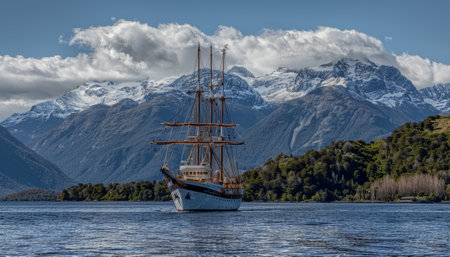 Beautiful view of New Zealand alps and sailing boat at Lake Wakatipuの素材