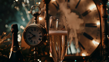 Champagne glasses and clock on the background of a Christmas tree.の素材