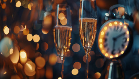 Glasses of champagne and Christmas decorations on blurred background, closeupの素材