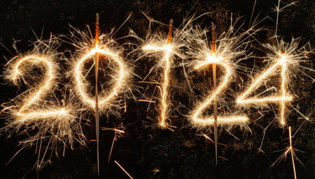 Happy new year 2014 written with Sparkle firework on black background.の素材