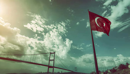Turkish flag waving in the wind on the background of the suspension bridge.の素材