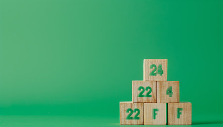 Wooden cubes with numbers 2022 on green background with copy space.の素材