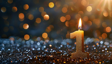 Burning candle number one on bokeh background. Happy New Yearの素材