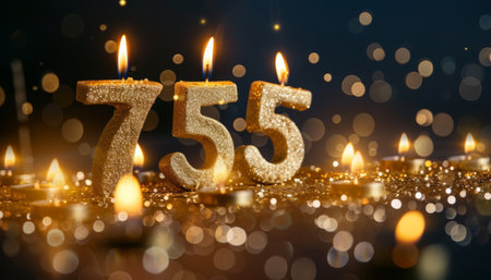 Burning candles with the number 75 on a dark background with bokehの素材