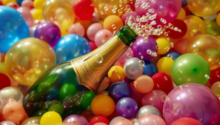 Champagne bottle with colorful balloons in the background, close-upの素材