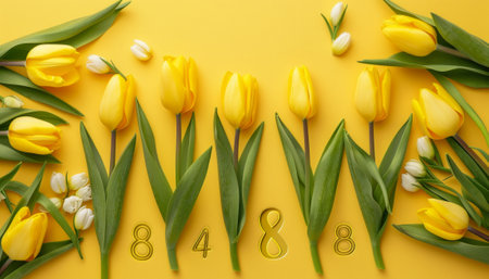 Flat lay composition with yellow tulips and white tulips on yellow backgroundの素材