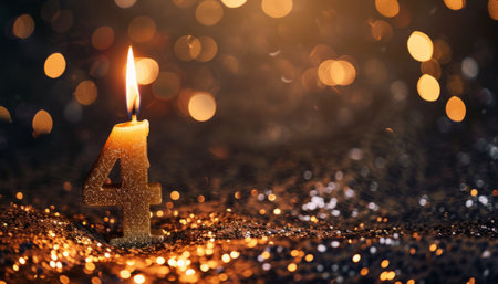 Number 4 candle on a golden bokeh background. Happy New Yearの素材