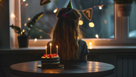 Little girl in birthday hat with cake on the table at home.の素材
