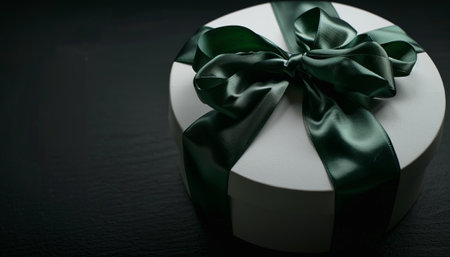 White gift box with green bow on a black background. Copy space.の素材