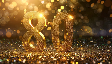 Number 80 gold celebration background. 3d illustration with bokehの素材