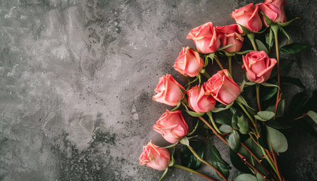 Bouquet of pink roses on concrete background. Top view with copy spaceの素材
