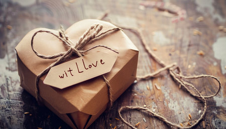 Gift box with a tag in the shape of a heart on a wooden backgroundの素材