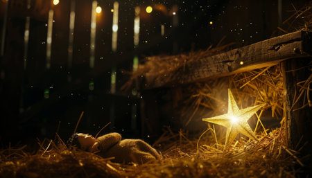 Christmas nativity scene with little baby Jesus in the stable at nightの素材