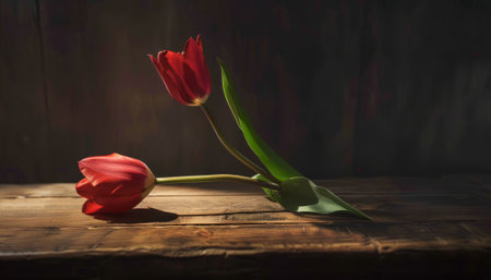 Red tulips on a wooden table in front of a dark backgroundの素材