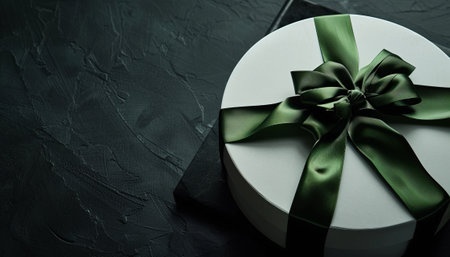 White gift box with green bow on black background. Copy space.の素材