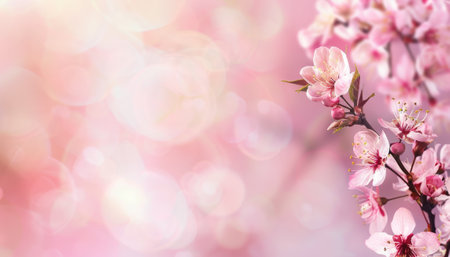 Blossoming branch of cherry on a pink background with bokehの素材