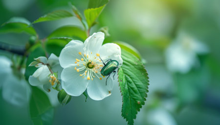 Green beetle on a flower of a blooming cherry tree in springの素材