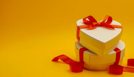 Gift boxes with red ribbons on yellow background. Space for textの素材