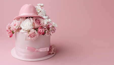 Cake with pink roses on pink background. 3d rendering.の素材
