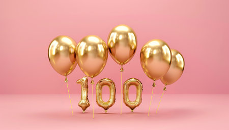 Number 100 gold balloon birthday party decoration. 3D Render Illustrationの素材