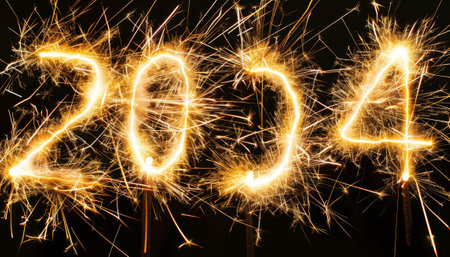 Happy new year 2014 written with Sparkle firework on black background.の素材