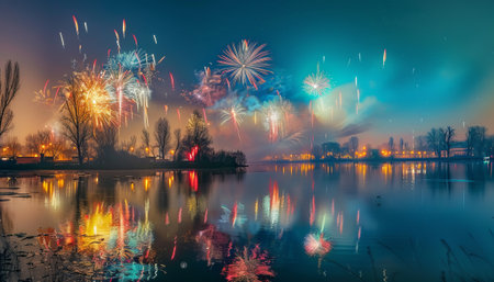 Colorful fireworks on the background of the night sky and the lakeの素材